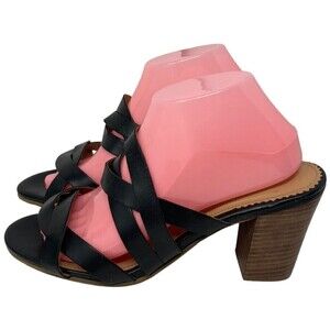 Crevo Black Leather Strappy Block Heel Sandals Women's Size 9.5 US NEW